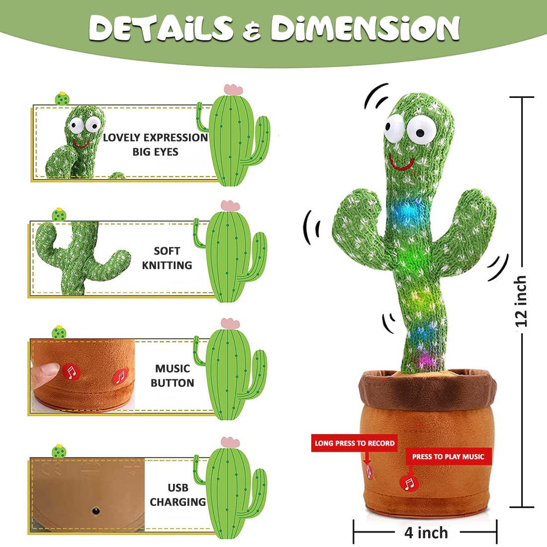 Singing Cactus Recording and Repeat Your Words for Education Toys,Dancing and Sing Electronic Cactus Plush Toy for Adult Kids Gifts（120 Songs & Glowing） Talking Cactus Toy Dancing Sunny Cactus 